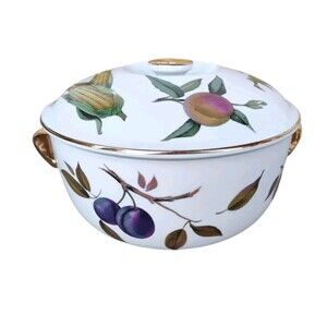 1961 Royal Worcester Evesham Gold Covered Casserole Dish Round Corn Plums